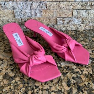 Jimmy Choo Avenue 50 Pink Kitten Heel Knot Sandals Shoes. In stores